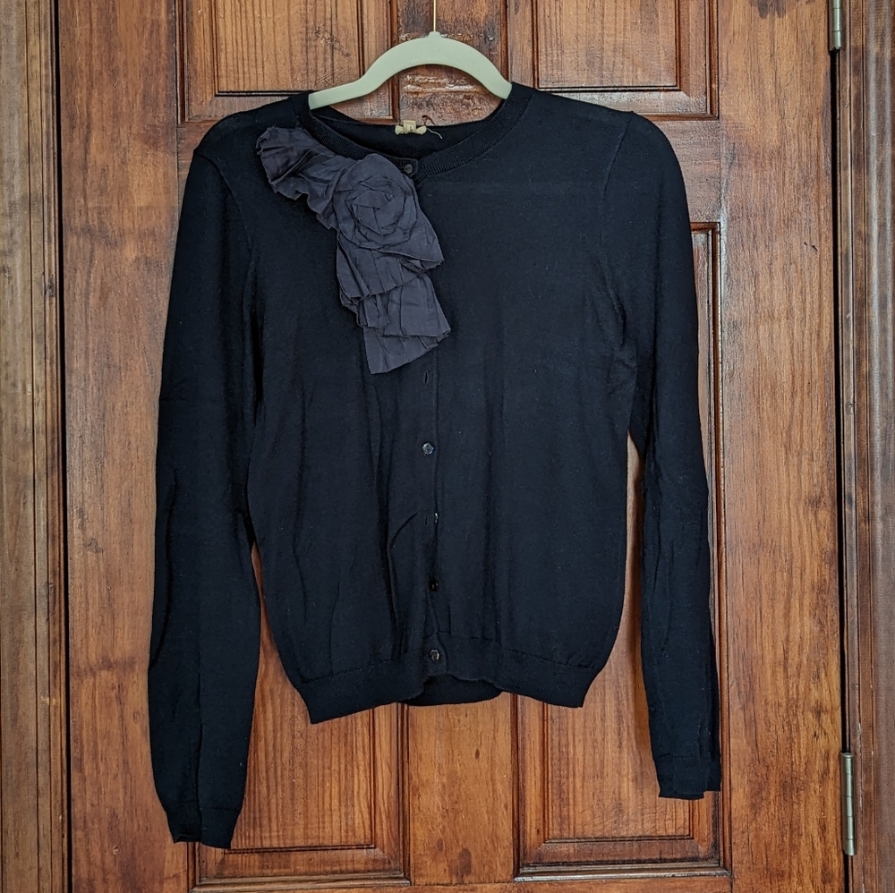 J Crew Factory navy cardigan with silk blend flower detail